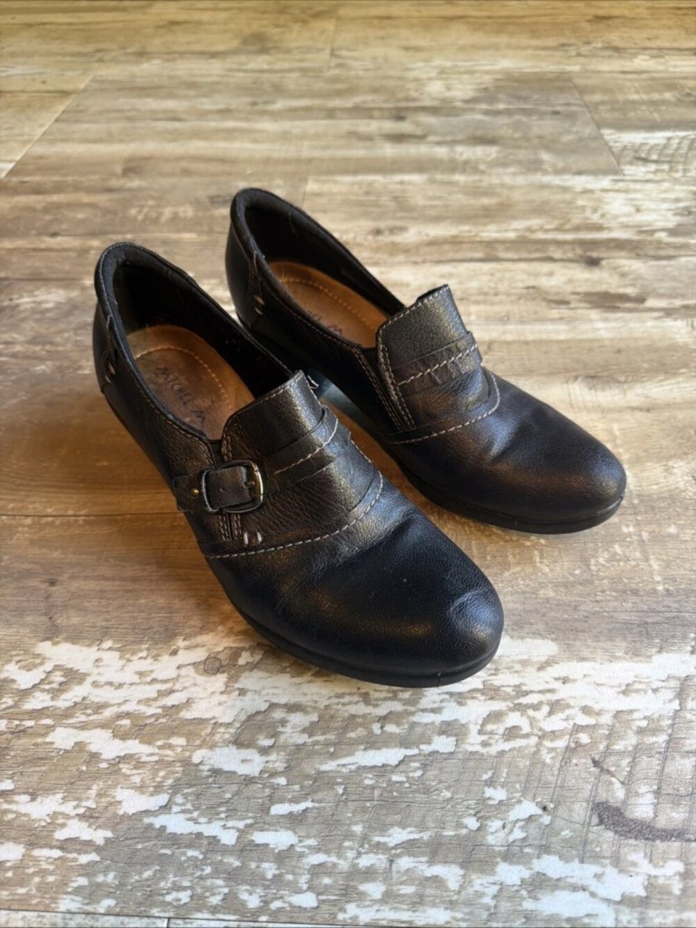 Michel M Durango Black Leather Oxford Mid Heel Buckle Slip On Shoes Women’s 8M
